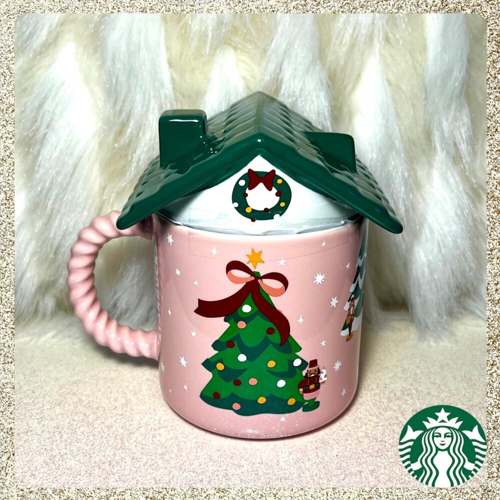 🎄🐻 NWT 2025 Starbucks Holiday Pink Gingerbread 14oz Ceramic Mug w/ Lid - Picture 2 of 4